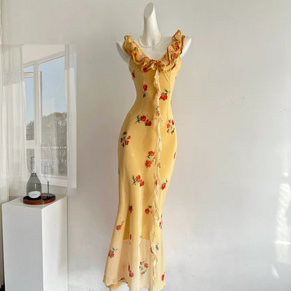 Youni homemade dopamine yellow rose lace V-neck floral suspender dress female summer waist fishtail long skirt