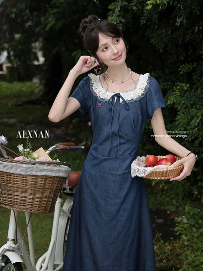 Deer Facing South [Cherry Train] French Style Blue Denim Dress for Women, New Summer Short-Sleeve Long Dress, Elegant Skirt