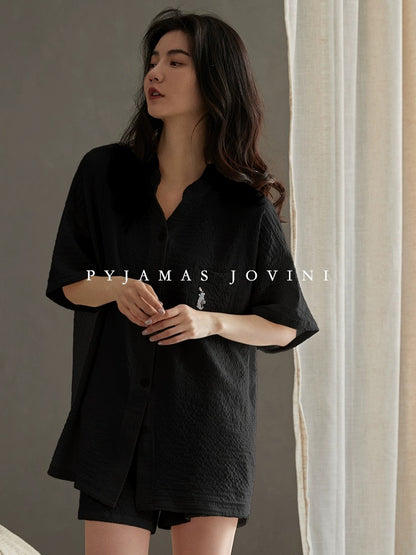 Qiaoweini Pajamas for Women Summer Cool Thin Bubble Cotton Short Sleeve Shorts Black with Breast Pads to Prevent Bumps and Can be Weared Outside