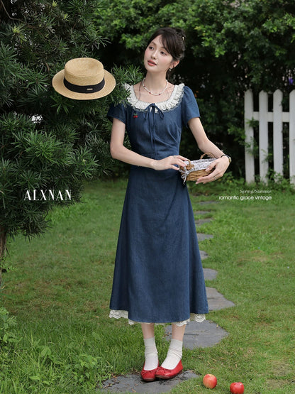 Deer Facing South [Cherry Train] French Style Blue Denim Dress for Women, New Summer Short-Sleeve Long Dress, Elegant Skirt
