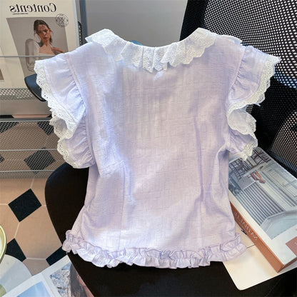 French-style unique and sweet flutter sleeve shirt, unisex summer high-end chic lace trim short top