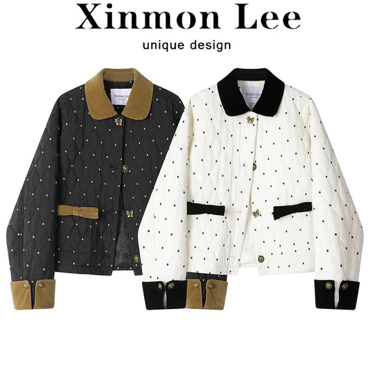XinmonLee French temperament polka dot stitching contrast color diamond cotton winter design small fragrance style jacket female