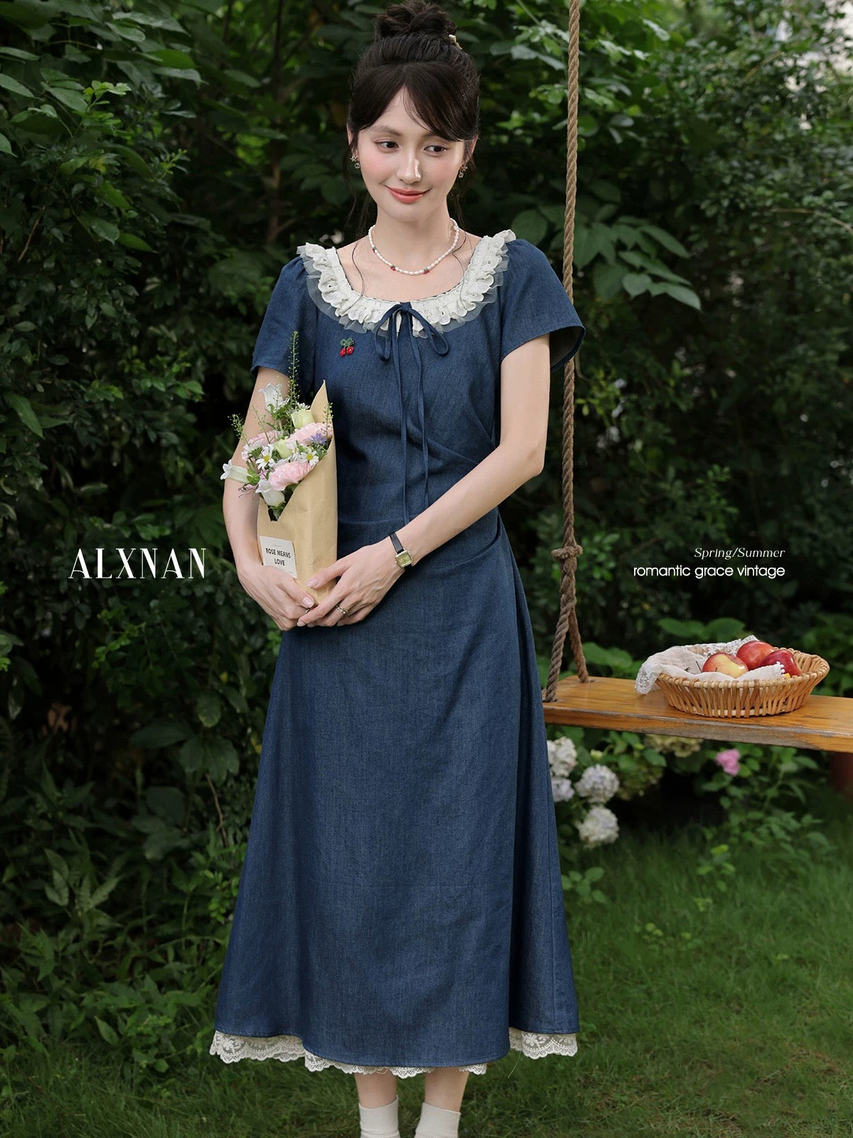 Deer Facing South [Cherry Train] French Style Blue Denim Dress for Women, New Summer Short-Sleeve Long Dress, Elegant Skirt