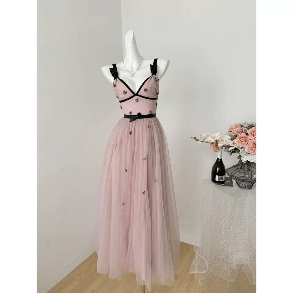 Miyou homemade 2025 spring new design dress birthday dress hand-sewn diamond exquisite heavy mesh dress