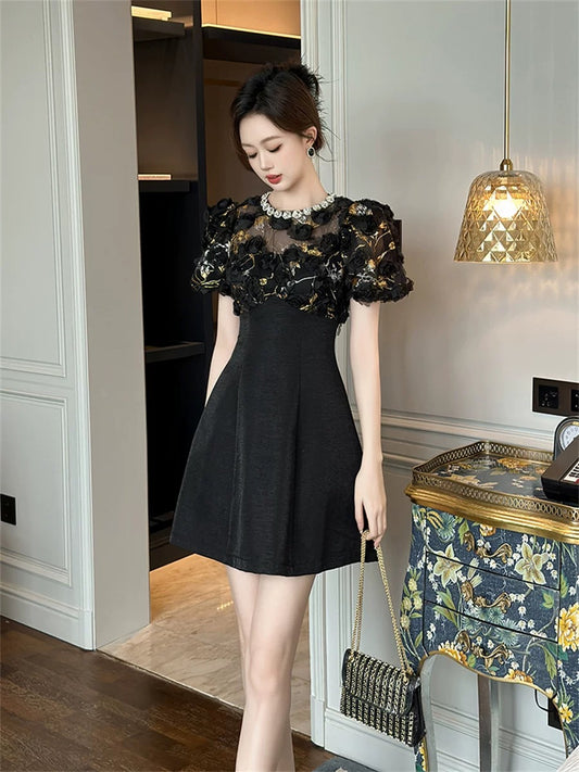 Shenzhen Nanyou High-end Women's Dress 2024 Summer Celebrity High-Quality Light Luxury Round Neck Heavy Industry Waist A-Line Skirt