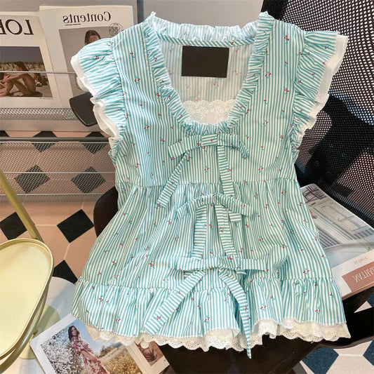 French sweet style cherry striped bow shirt, unisex summer design, retro cute flutter sleeve top