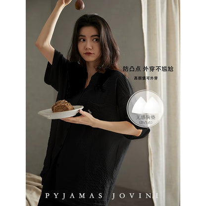 Qiaoweini Pajamas for Women Summer Cool Thin Bubble Cotton Short Sleeve Shorts Black with Breast Pads to Prevent Bumps and Can be Weared Outside