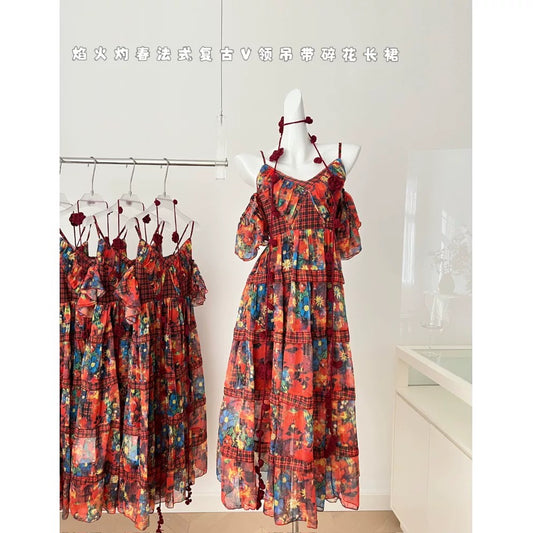 Youni homemade firework burning spring French retro V-neck sling floral dress holiday dress summer