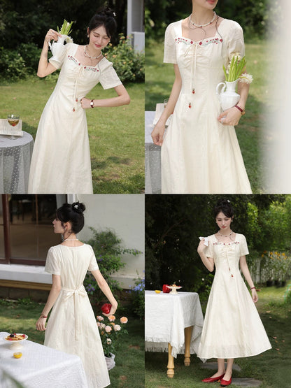Lu Xiangnan's "Light Oxygen Early Summer" Apricot French Short-Sleeve Dress for Women, Summer Square Neck Elegant Long Dress A-line Skirt