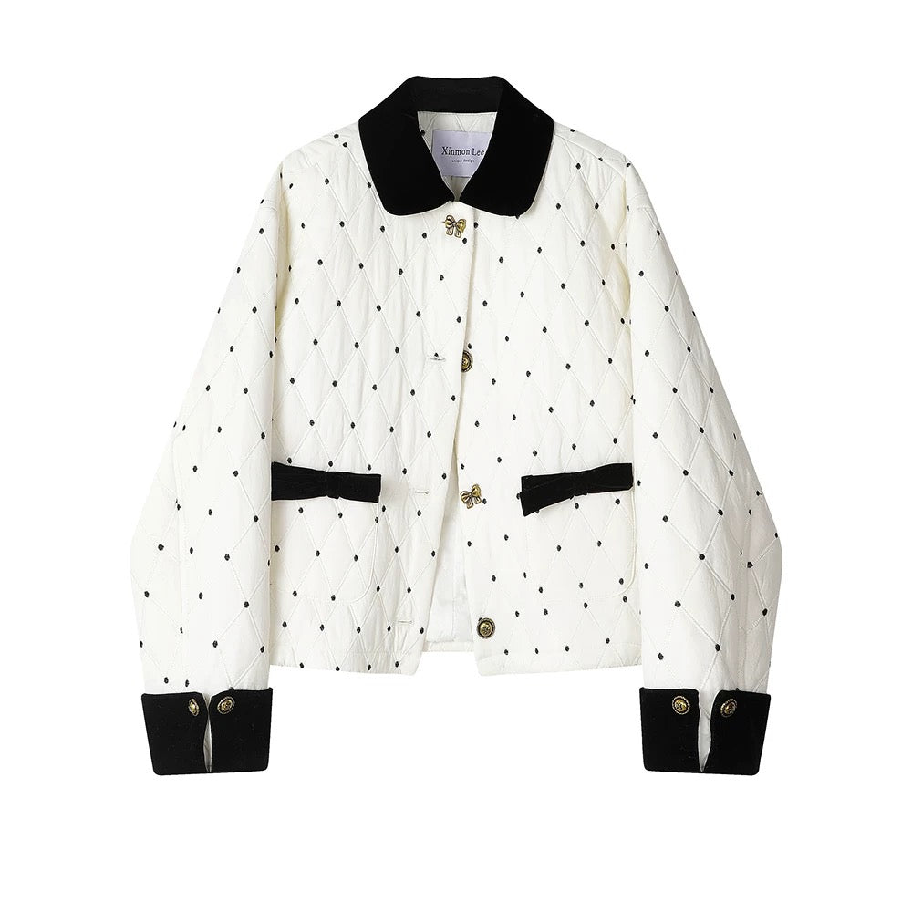 XinmonLee French temperament polka dot stitching contrast color diamond cotton winter design small fragrance style jacket female