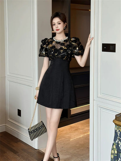 Shenzhen Nanyou High-end Women's Dress 2024 Summer Celebrity High-Quality Light Luxury Round Neck Heavy Industry Waist A-Line Skirt
