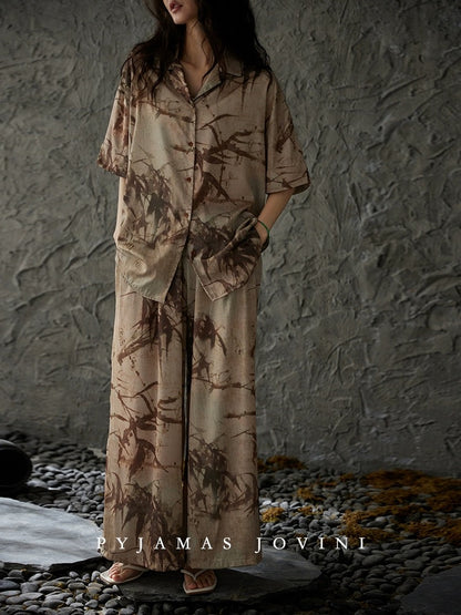 Qiaoweini pajamas for women summer new Chinese style with chest pad one-piece ice silk cool short-sleeved trousers thin bamboo