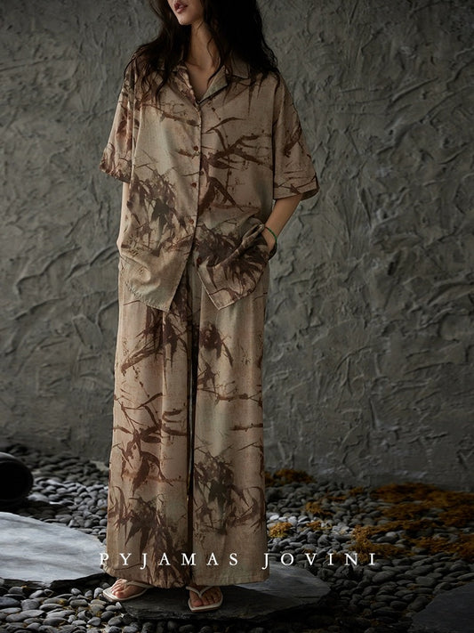 Qiaoweini pajamas for women summer new Chinese style with chest pad one-piece ice silk cool short-sleeved trousers thin bamboo
