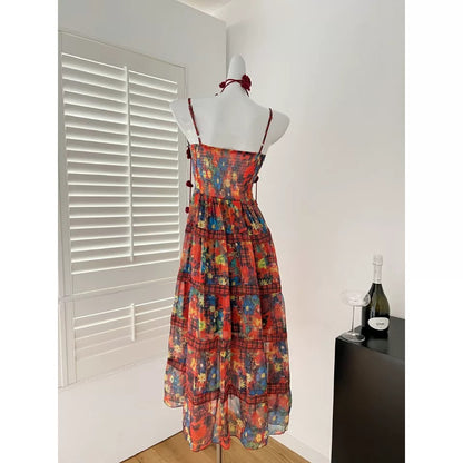 Youni homemade firework burning spring French retro V-neck sling floral dress holiday dress summer