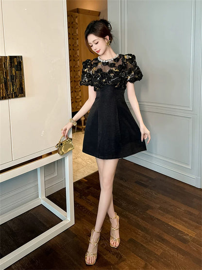 Shenzhen Nanyou High-end Women's Dress 2024 Summer Celebrity High-Quality Light Luxury Round Neck Heavy Industry Waist A-Line Skirt