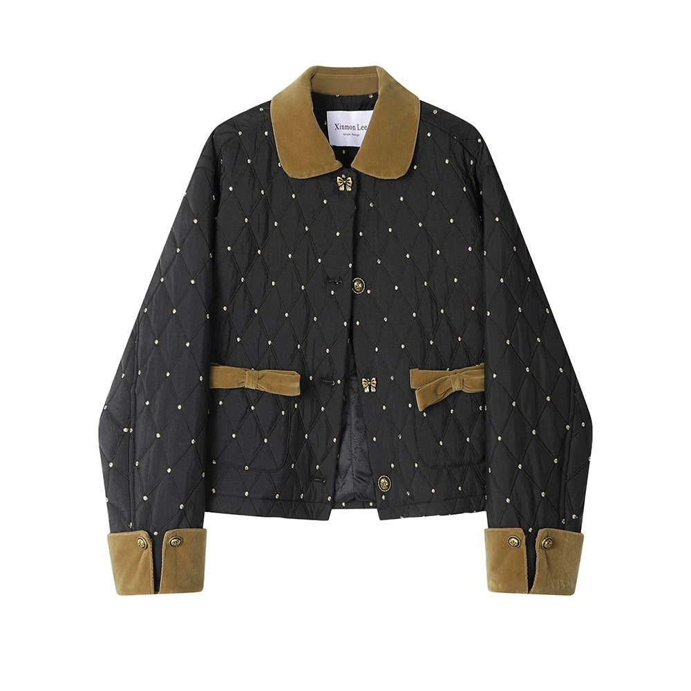 XinmonLee French temperament polka dot stitching contrast color diamond cotton winter design small fragrance style jacket female