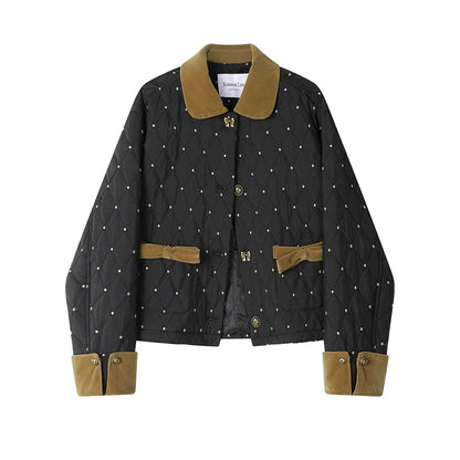XinmonLee French temperament polka dot stitching contrast color diamond cotton winter design small fragrance style jacket female