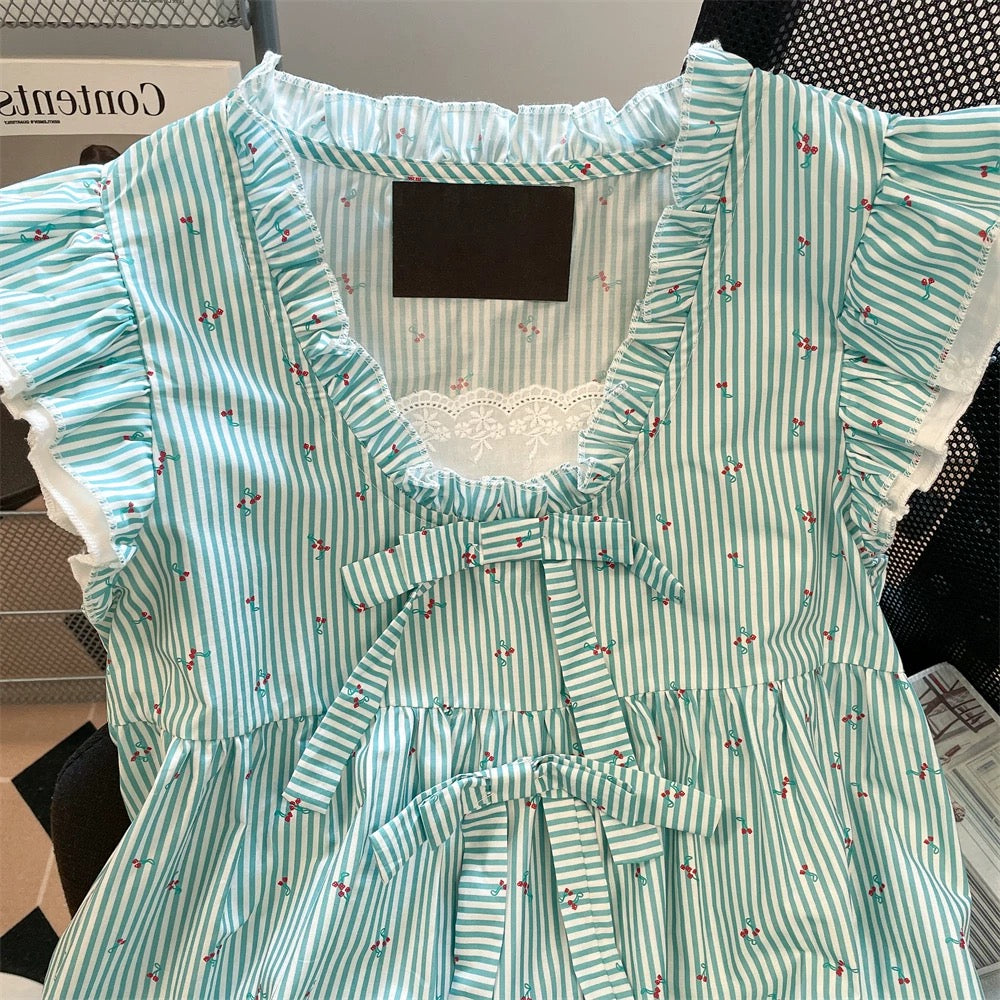 French sweet style cherry striped bow shirt, unisex summer design, retro cute flutter sleeve top