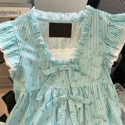 French sweet style cherry striped bow shirt, unisex summer design, retro cute flutter sleeve top