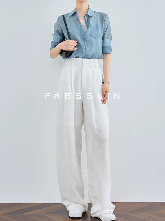 FAESSLIN Tencel linen wide-leg pants for women's summer thin tall lengthened straight white drape suit pants