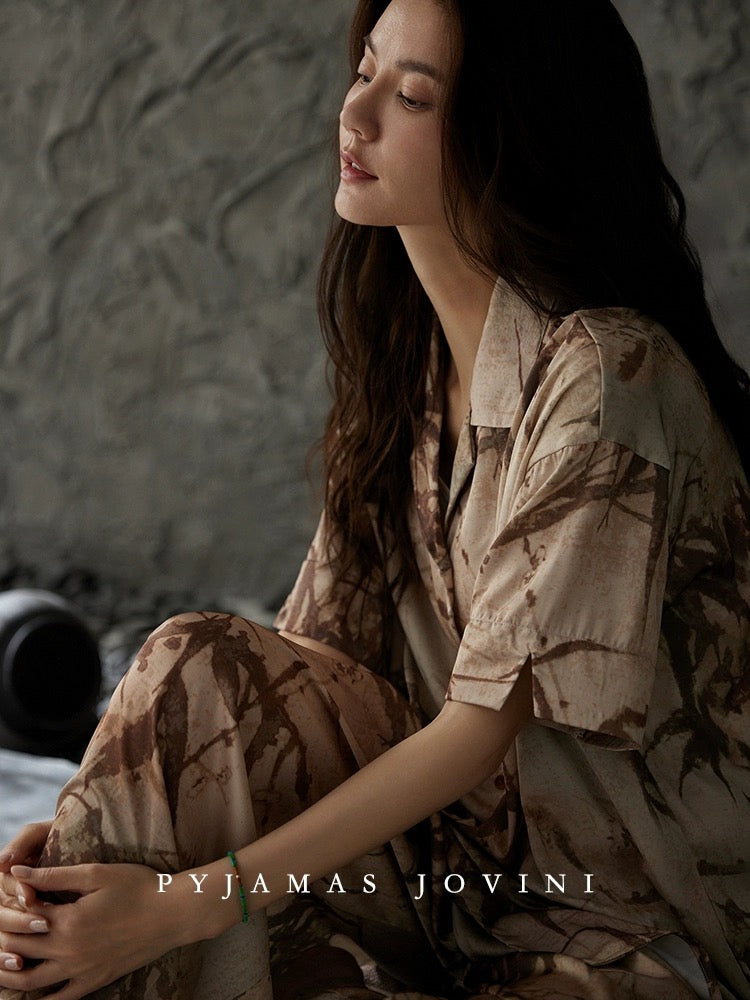 Qiaoweini pajamas for women summer new Chinese style with chest pad one-piece ice silk cool short-sleeved trousers thin bamboo
