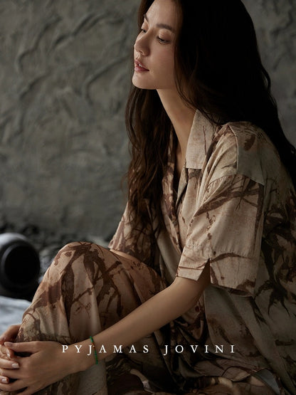 Qiaoweini pajamas for women summer new Chinese style with chest pad one-piece ice silk cool short-sleeved trousers thin bamboo