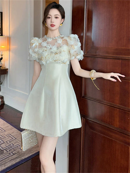 Shenzhen Nanyou High-end Women's Dress 2024 Summer Celebrity High-Quality Light Luxury Round Neck Heavy Industry Waist A-Line Skirt