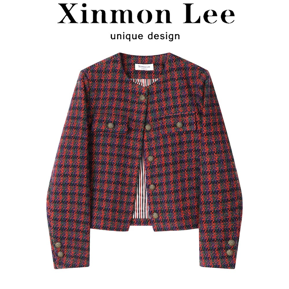 XinmonLee French lady high-end wine red plaid small fragrance style jacket autumn and winter temperament retro jacket
