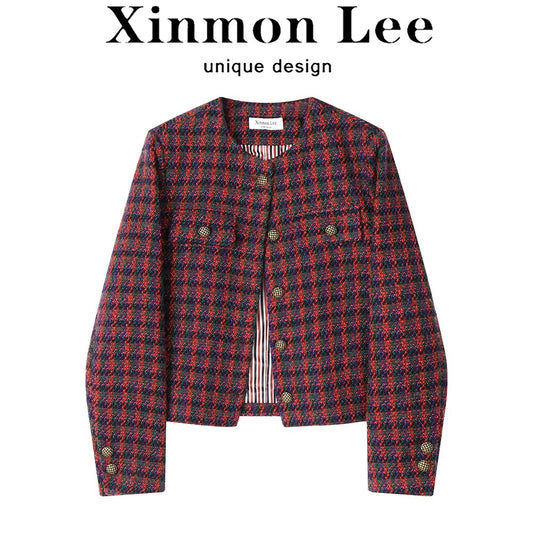XinmonLee French lady high-end wine red plaid small fragrance style jacket autumn and winter temperament retro jacket
