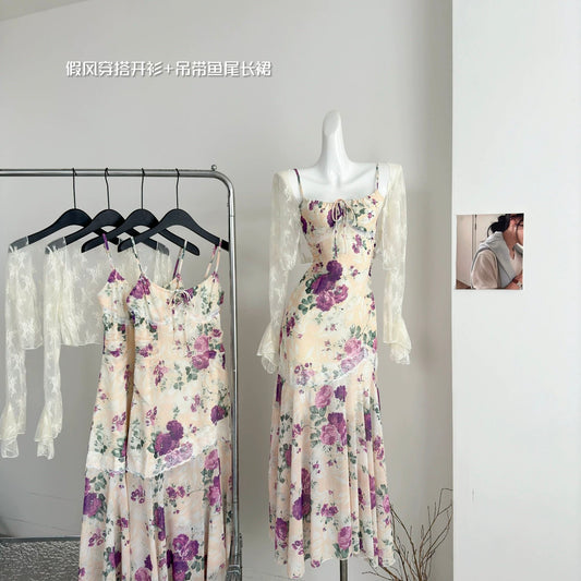 Miyou homemade French floral dress new spring and summer holiday style cardigan + sling fishtail long skirt