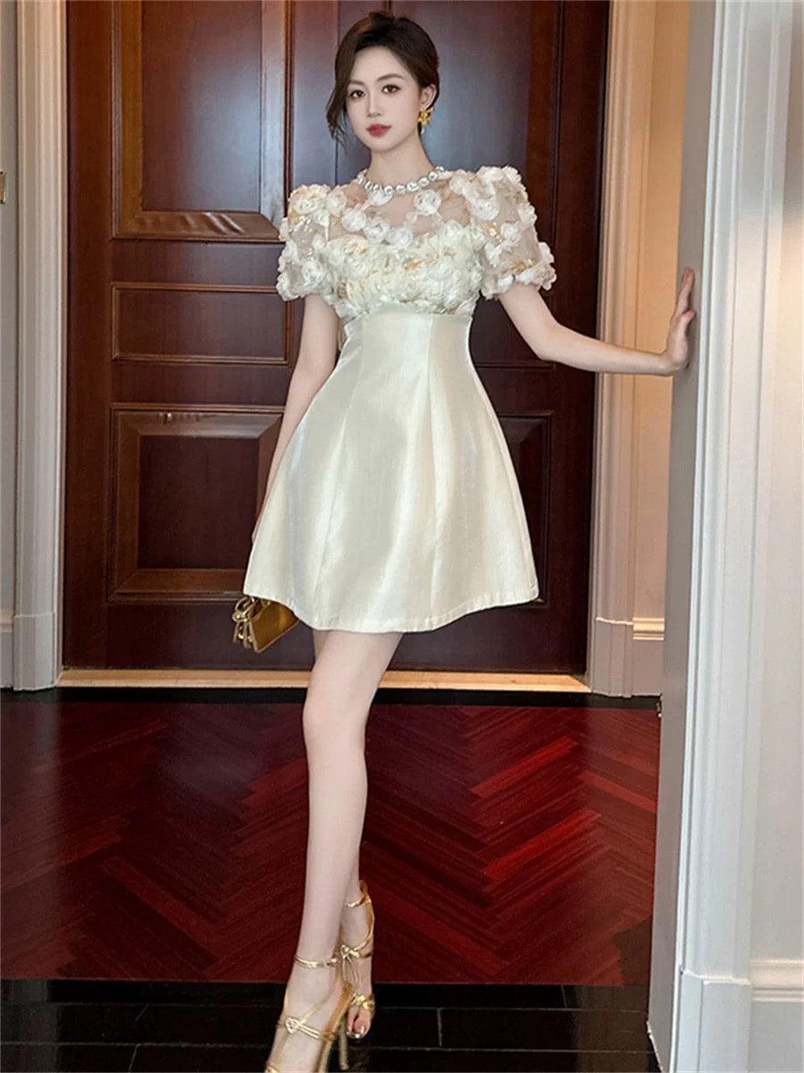 Shenzhen Nanyou High-end Women's Dress 2024 Summer Celebrity High-Quality Light Luxury Round Neck Heavy Industry Waist A-Line Skirt