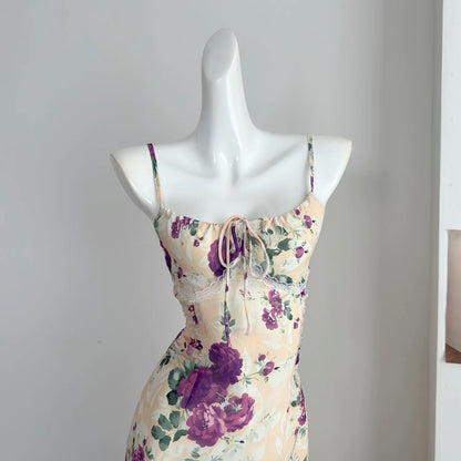 Miyou homemade French floral dress new spring and summer holiday style cardigan + sling fishtail long skirt