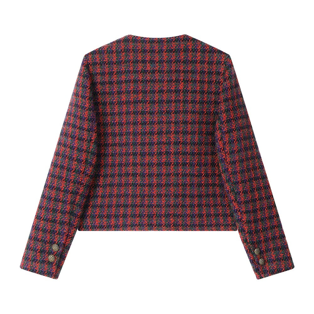 XinmonLee French lady high-end wine red plaid small fragrance style jacket autumn and winter temperament retro jacket