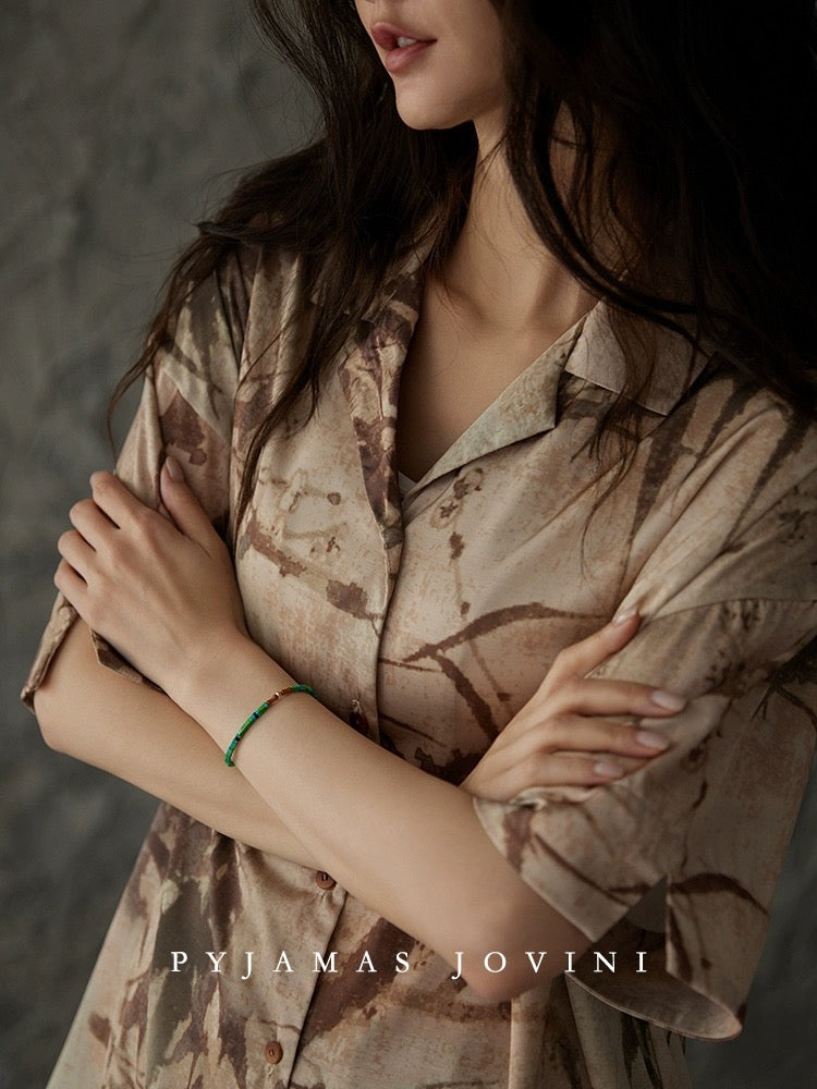 Qiaoweini pajamas for women summer new Chinese style with chest pad one-piece ice silk cool short-sleeved trousers thin bamboo