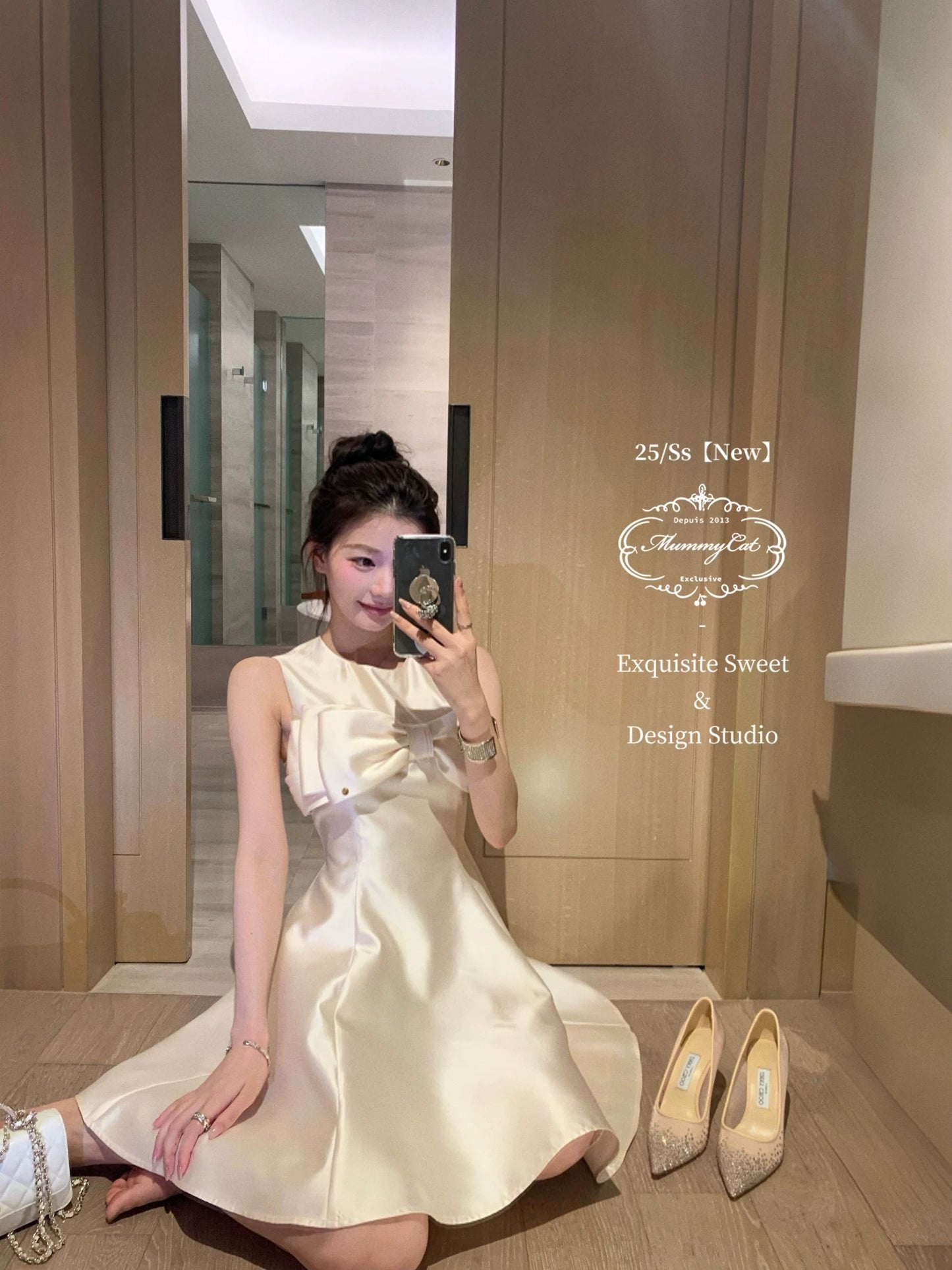 Mummy Cat laying eggs [Lucky Goddess] Exquisite satin three-dimensional bow birthday dress