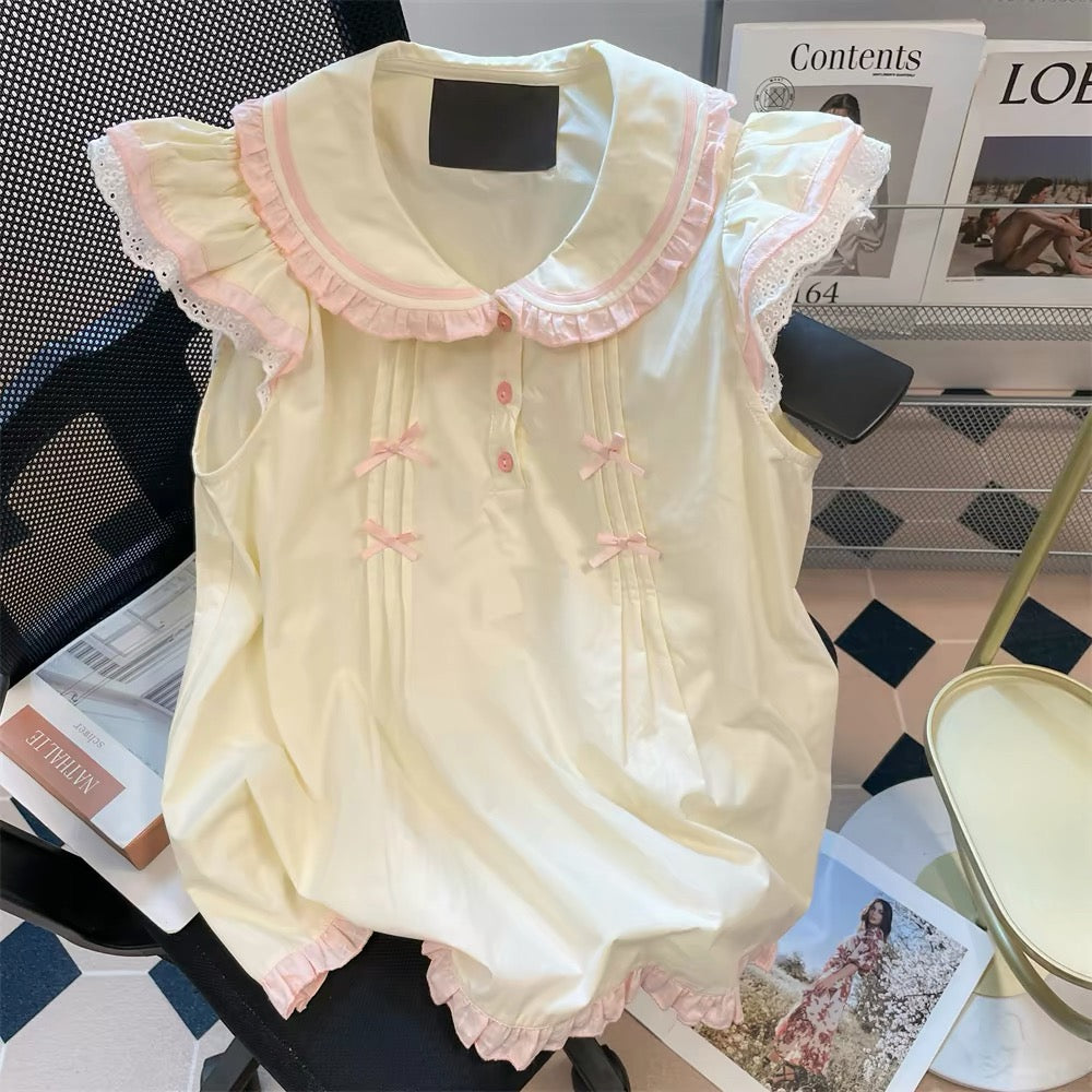 Korean style chic and cute short-sleeved Peter Pan collar blouse for women, sweet and adorable, youthful and cute style.