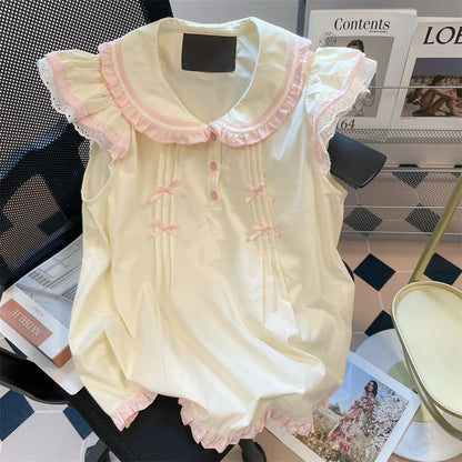 Korean style chic and cute short-sleeved Peter Pan collar blouse for women, sweet and adorable, youthful and cute style.