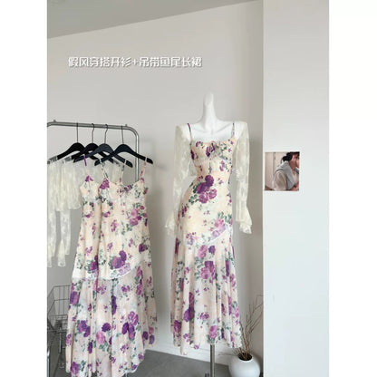 Miyou homemade French floral dress new spring and summer holiday style cardigan + sling fishtail long skirt