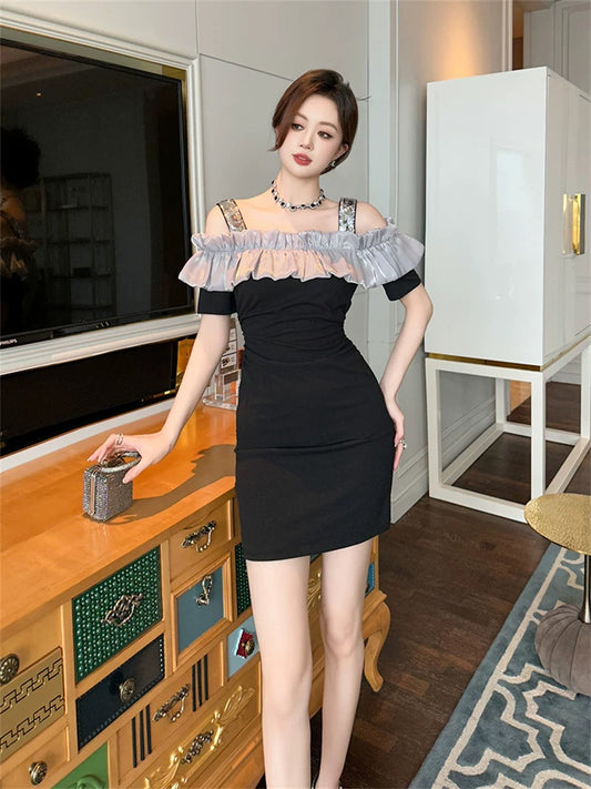 2024 New Women's Summer Light Luxury High-end Sexy One-shoulder Sling Dress Temperament Slim-fitting Hip Short Skirt