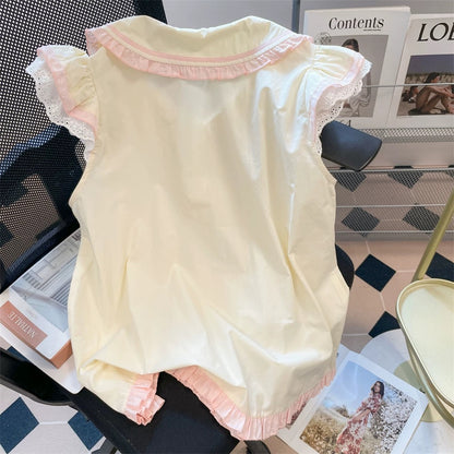 Korean style chic and cute short-sleeved Peter Pan collar blouse for women, sweet and adorable, youthful and cute style.