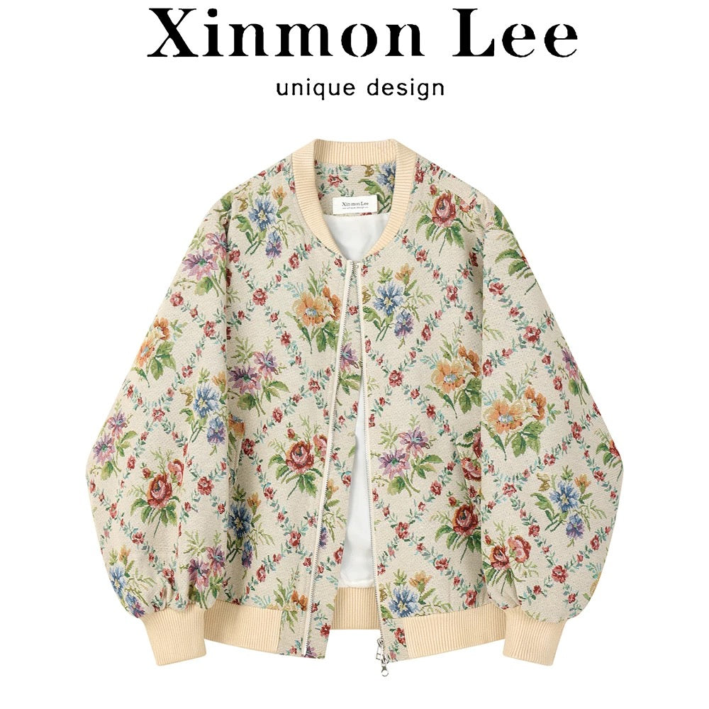 XinmonLee niche retro high-end oil painting jacquard baseball jacket autumn and winter jacket chic jacket super good-looking