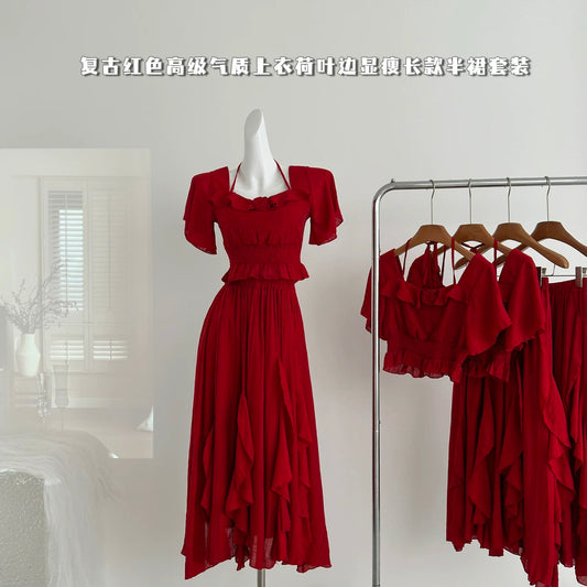 Miyou Homemade Drunk Wild Berry Holiday Style Red Retro High-end Short Top + Ruffled Long Skirt for Women