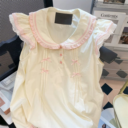 Korean style chic and cute short-sleeved Peter Pan collar blouse for women, sweet and adorable, youthful and cute style.