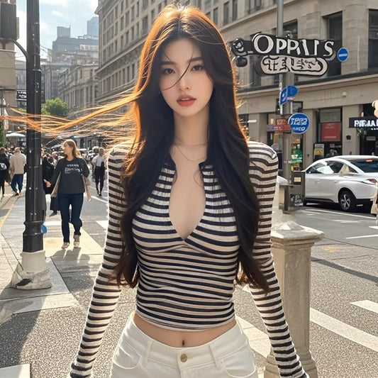 Coco KEKE Striped Sexy Hot Girl Sexy Low Neck Top Women