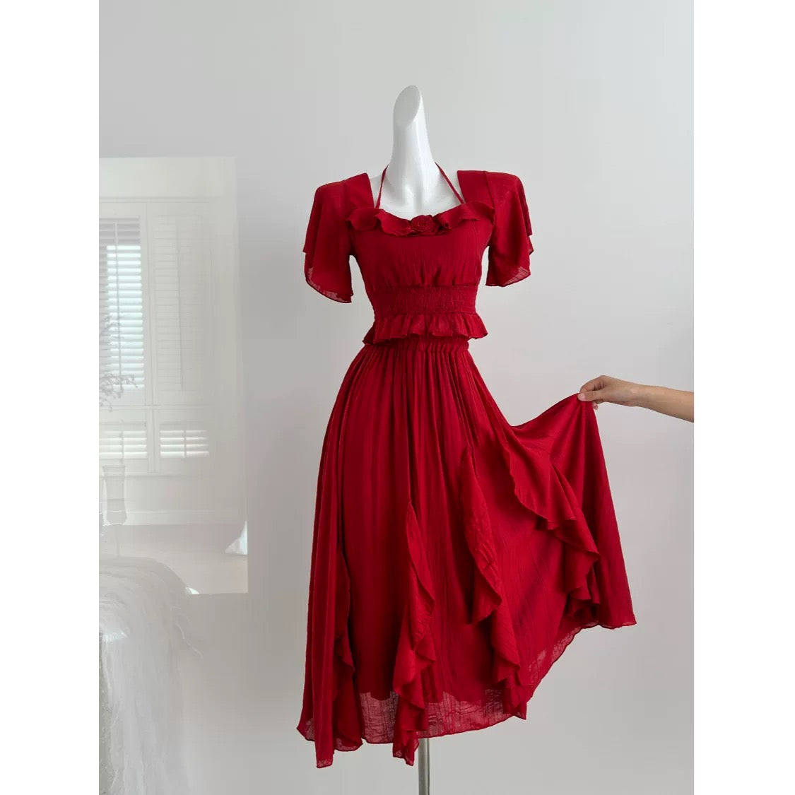 Miyou Homemade Drunk Wild Berry Holiday Style Red Retro High-end Short Top + Ruffled Long Skirt for Women