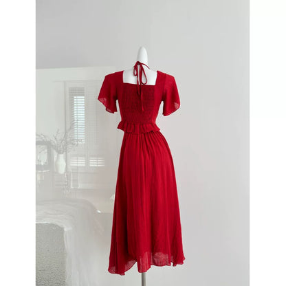 Miyou Homemade Drunk Wild Berry Holiday Style Red Retro High-end Short Top + Ruffled Long Skirt for Women