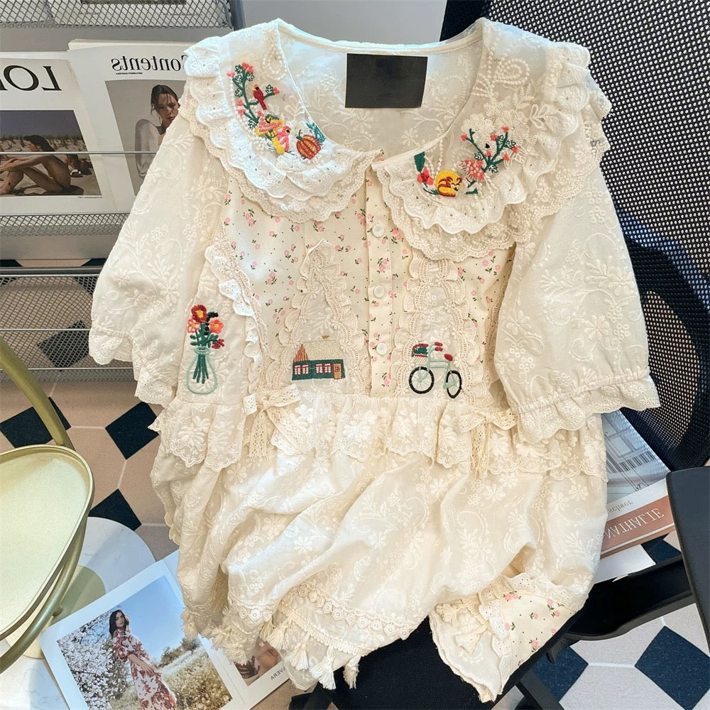 High-end retro chic lace babydoll top, unisex summer floral embroidery Mori-style short-sleeved shirt