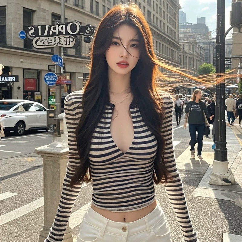 Coco KEKE Striped Sexy Hot Girl Sexy Low Neck Top Women