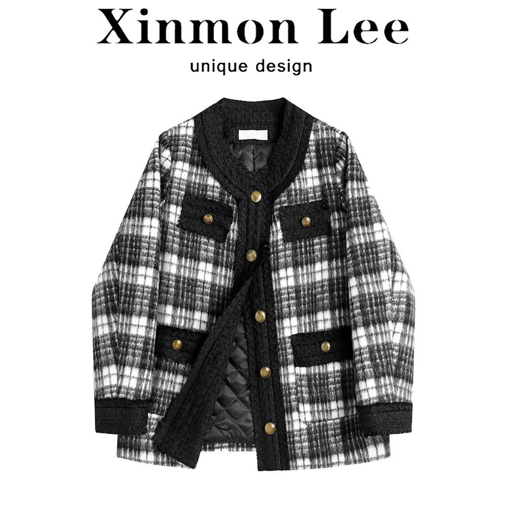 XinmonLee retro Korean style all-match plaid jacket women's winter thickened design unique top