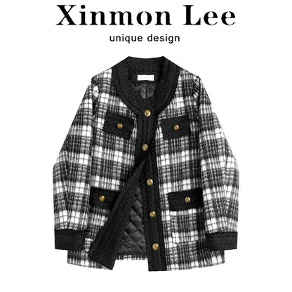 XinmonLee retro Korean style all-match plaid jacket women's winter thickened design unique top